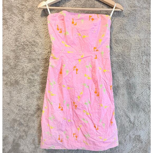 Lilly Pulitzer Pink Strapless Audrey Dress Crane Bird Print Sheath 0 XS - Picture 2 of 11